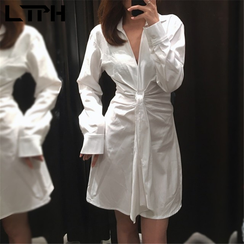 Office Lady High waist Bow Poplin shirt dress women simple white Single Breasted all-match elegant dresses Spring 210427