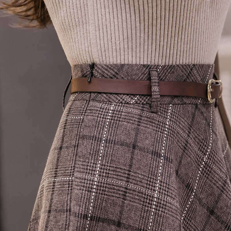 High Waisted Woolen Skirt Women' Mid Plaid A-line Umbrella Skirt Women For Autumn Winter Long Skirts Women With Belt 211119