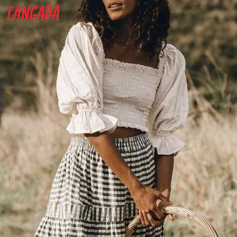 Women Retro Dots Pleated Crop Square Collar Summer Chic Female Sexy Slim Shirt Tops 8M21 210416