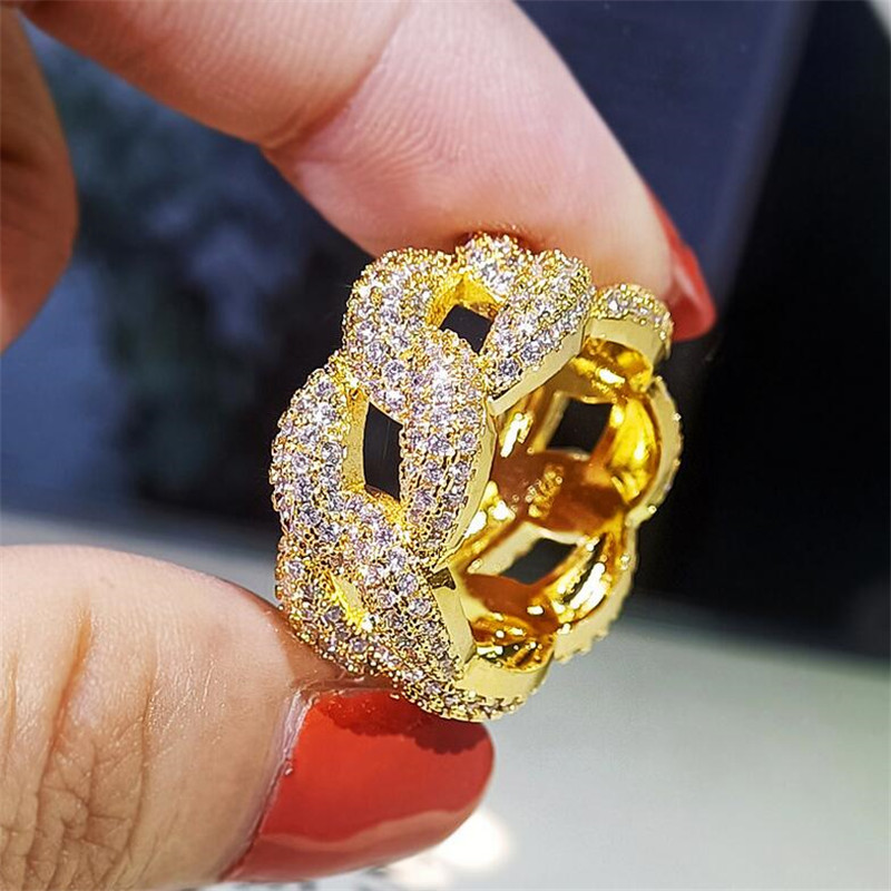 2021 Hip Hop Sparkling Luxury Jewelry Wedding Rings 925 Sterling Silver 18K Gold Fill Pave White Sapphire CZ Diamond Party Cuba Chain Women Engagement