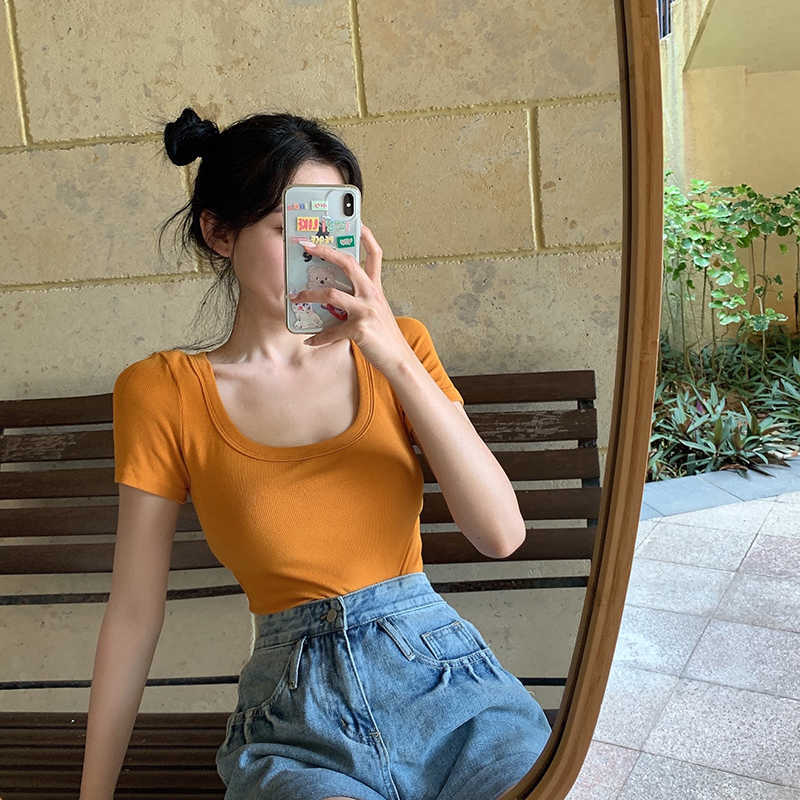WOMENGAGA T-shirt Women's Summer pink Slim Casual Collarbone Chest Short Tight Tshirt Black Sleeve Top AHQN 210603