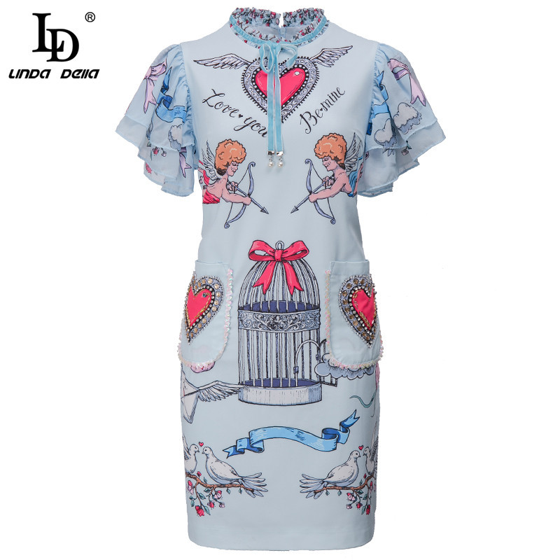 Summer Women Vintage Mini Dress Fashion Runway Ladies Bow tie Pockets Beading Print Slim Straight 210522