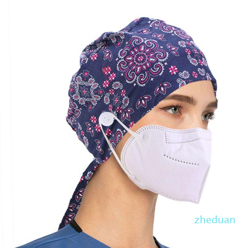 Beanies Working Scrub Cap Button Sweatband Star Paisley Floral Tie Back Bouffant Hat