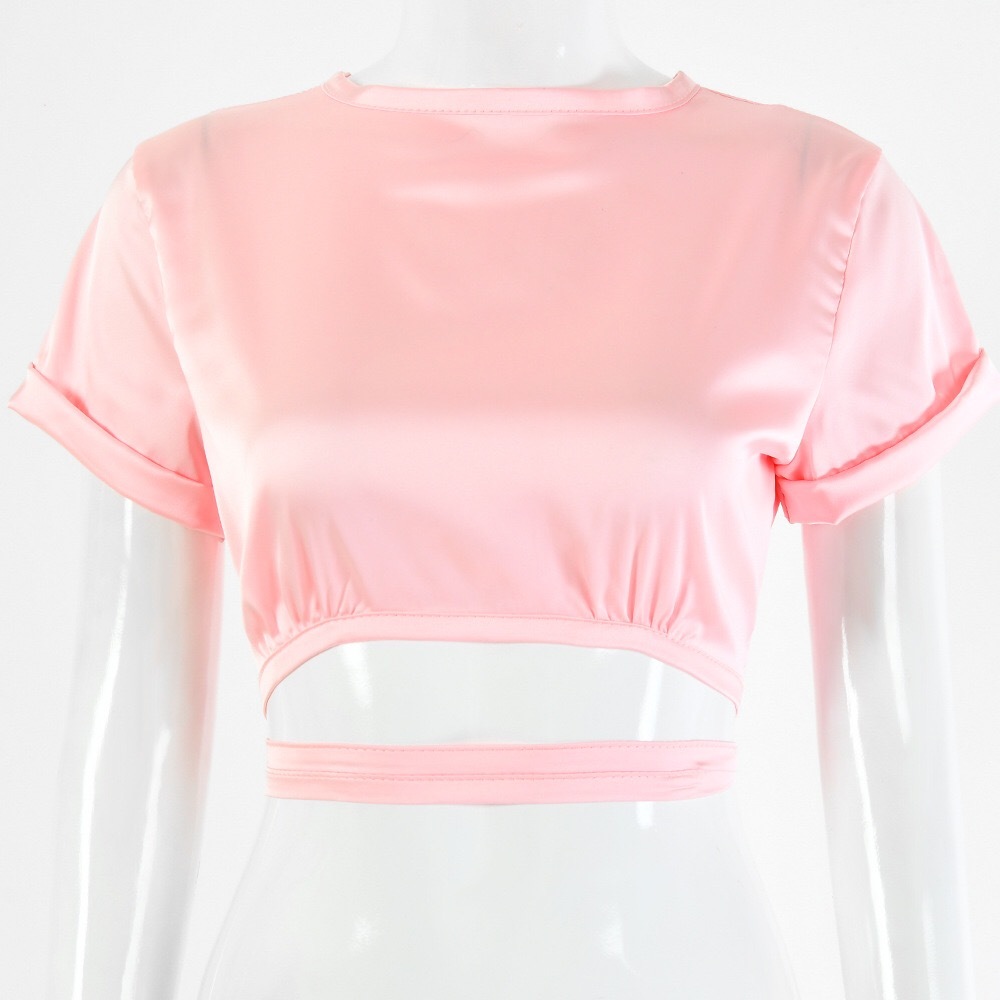 Harajuku Lacing up Bandage Satin T-shirt Woman Short Sleeve Crop Tops Tees Hollow Out Backless T Shirt Y2K Streetwear 210429