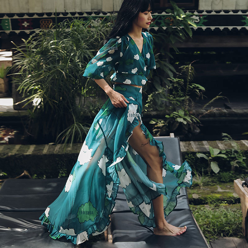 Chiffon Sexy 2 Pieces Printed Beach Dress Boho Long Summer Vintage Tunic Women Wear Swim Suit Cover Up Sheer A872 210420