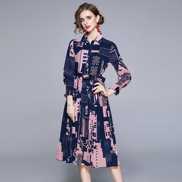 Spring Women Office OL Turn Down Collar Geometry Printed Chiffon Pleated Dress Female Elegant Casual Midi Vestidos 210519