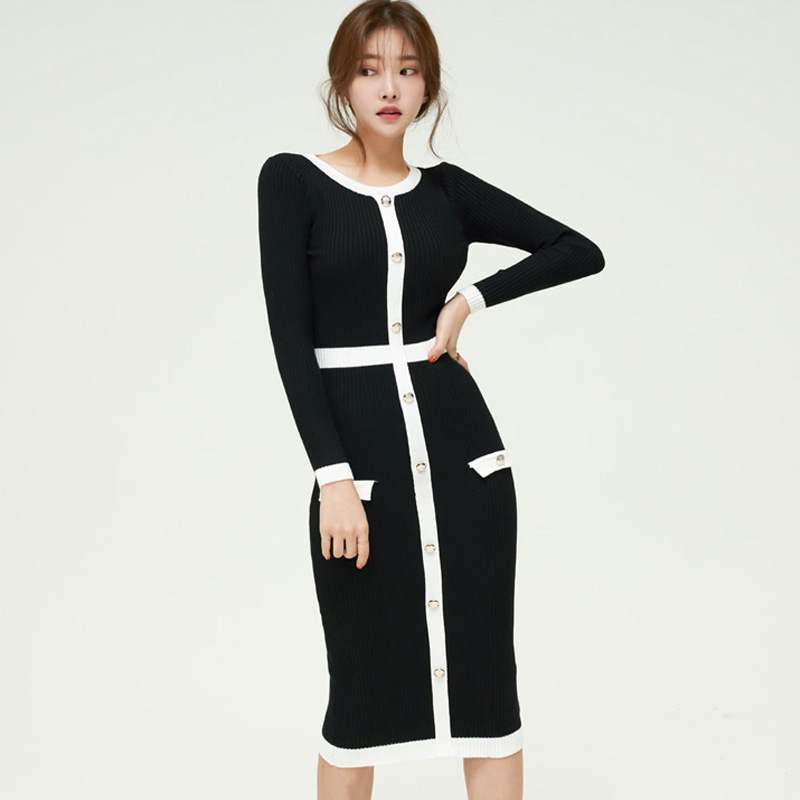 Winter Color Matching Office Elastic Knitted Dress Women Single-Breasted Long Sleeve Work Bodycon Vestidos 210520