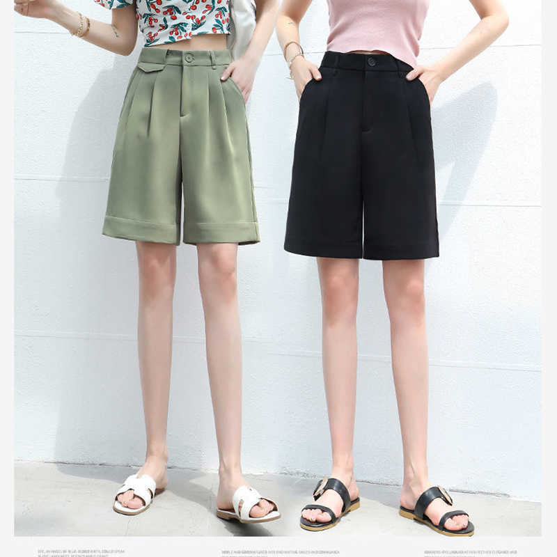 Black five-point suit shorts female plus size summer fashion high waist loose straight wide leg casual overalls 210714