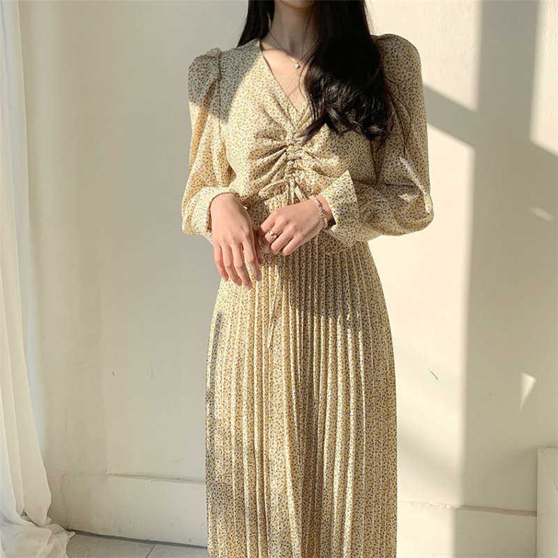 Alien Kitty Print Floral Pleated Slimming Women Dresses All-Match Stylish V-Neck Brief Casual Loose Long Dress 3 Colors 210630