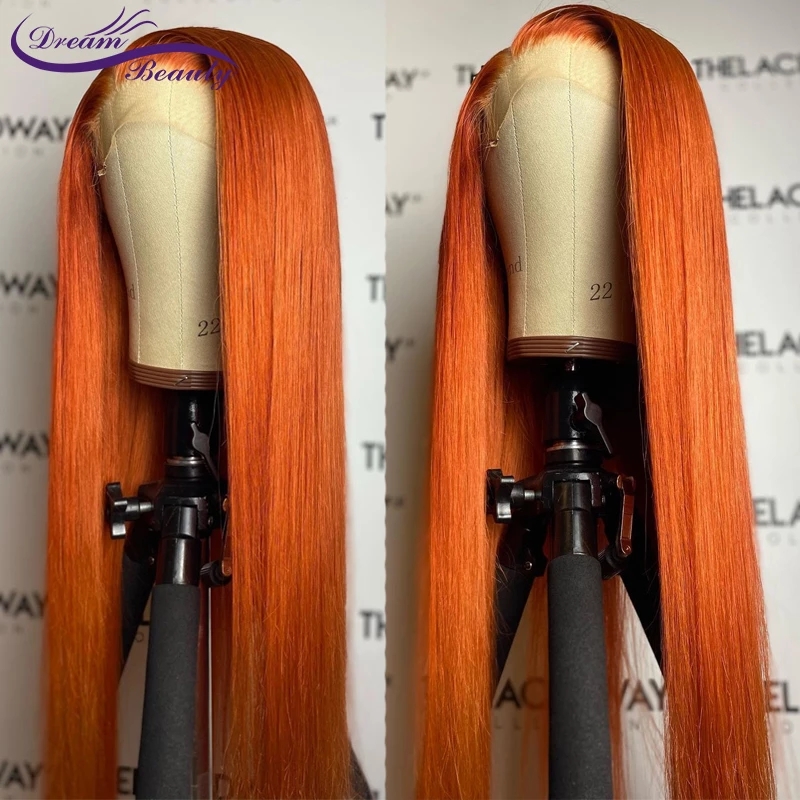 Orange Ginger Straight Simulatiion Human Hair Wigs Natural Hairline Brazilian Synthetic Body Wave Lace Front Wig For Women Bleached Knots