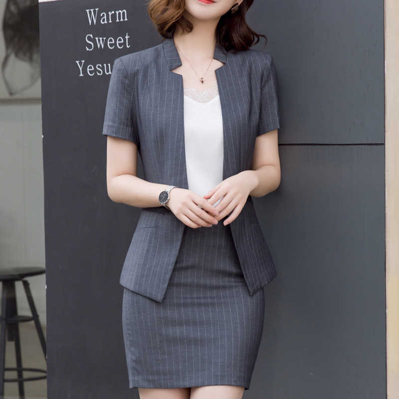 Naviu Fashion Women Suit Female Business Slim Short Sleeve Summer Stripe Blazer and Skirt Office Ladies Formal Work Wear 210604