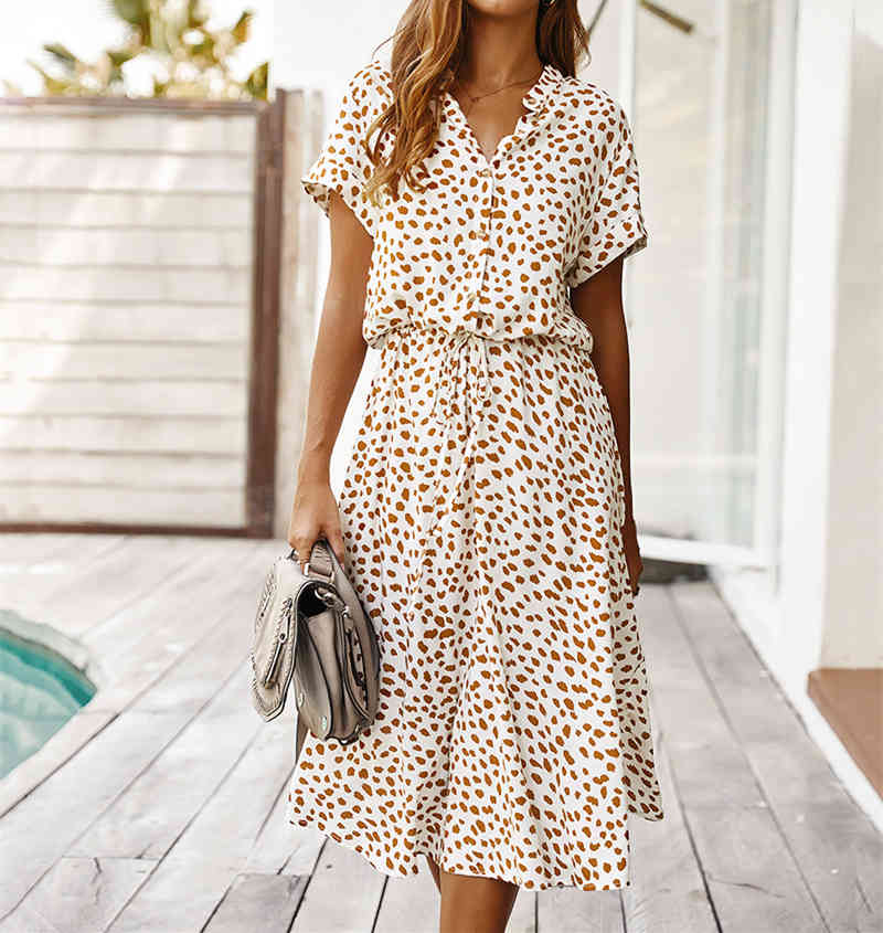 Ladies Bohemian Leopard Print Shirt Dress Women Casual Midi Holiday Summer Dress Female A-line Loose Women Beach Dress Vestidos 210331Z