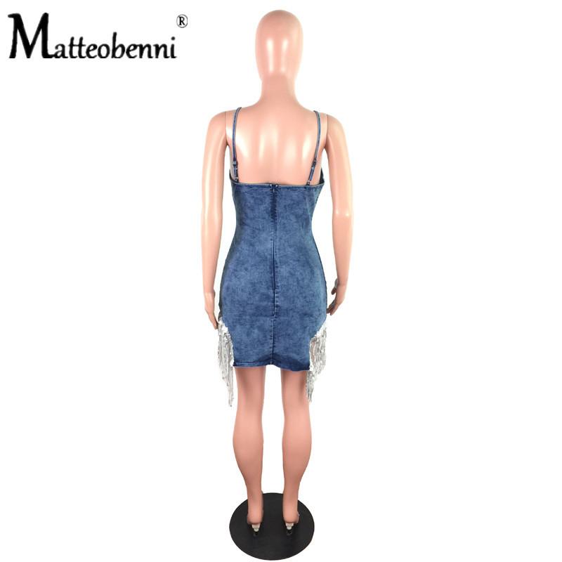 Sexy Stretch Denim Short Dress Ladies Deep V-Neck Lace Up Strap Bodycon Dresses Women Sparkly Silver Sequin Fringe Casual