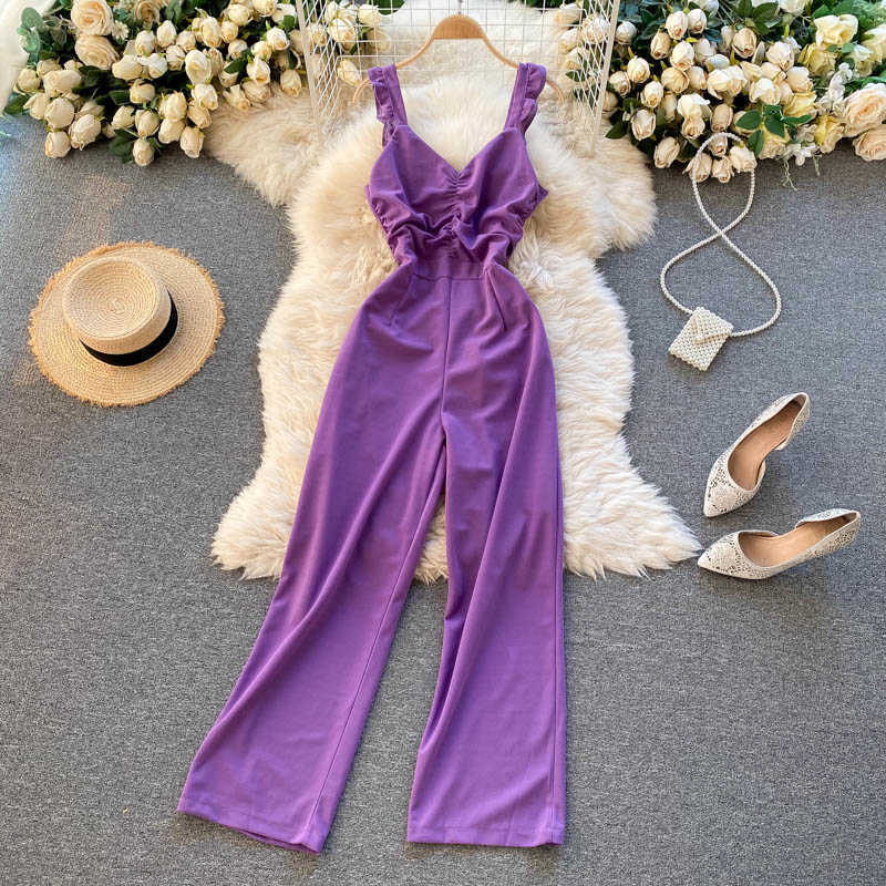 Korea Spring Summer Fashion Jumpsuit Women's V-neck Sleeve Pleated Slimming High-waisted Wide-legged Overalls R231 210527