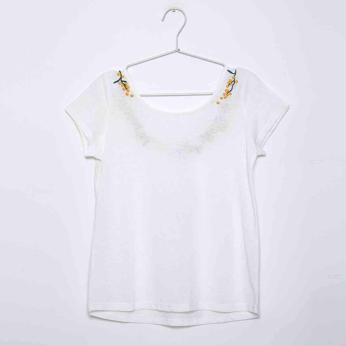 Jastie Short-sleeved Linen T-shirt Floral embroidery Back Chic Women Top Round Neck Pullovers Casual Top Tee Shirt Blusa 210406