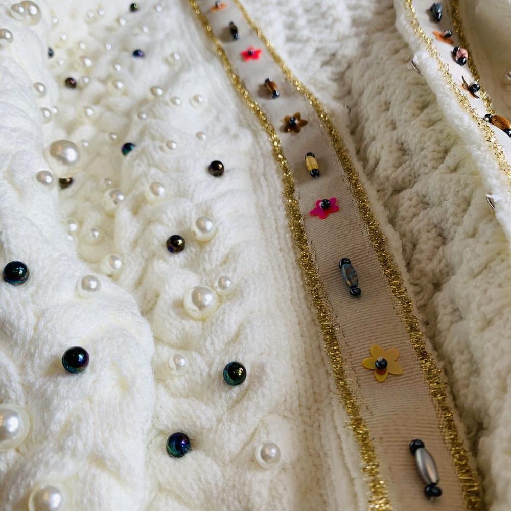 Female Runway Sweater Elegant Knitted Coat Autumn Winter Clothes Loose Pearl Beading Casual Cardigans Women Tops C-036 210522