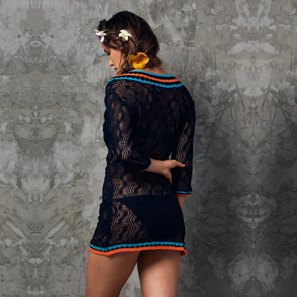 V neck Crochet Beach Dress Cover up Sarong Kaftan Tunic Plage Bathing suit cover s Pareo Bikini #Q786 210420