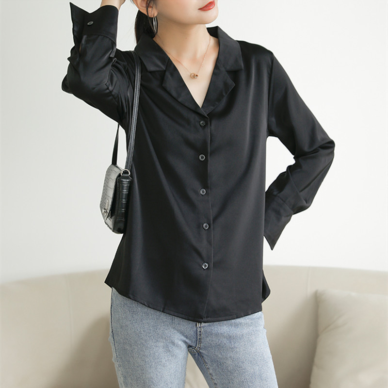 OL Elegant Black Satin Shirt Femme Autumn Vintage Suit Collar Women Blouses Long Sleeve Loose Tops Female Blusas 210421