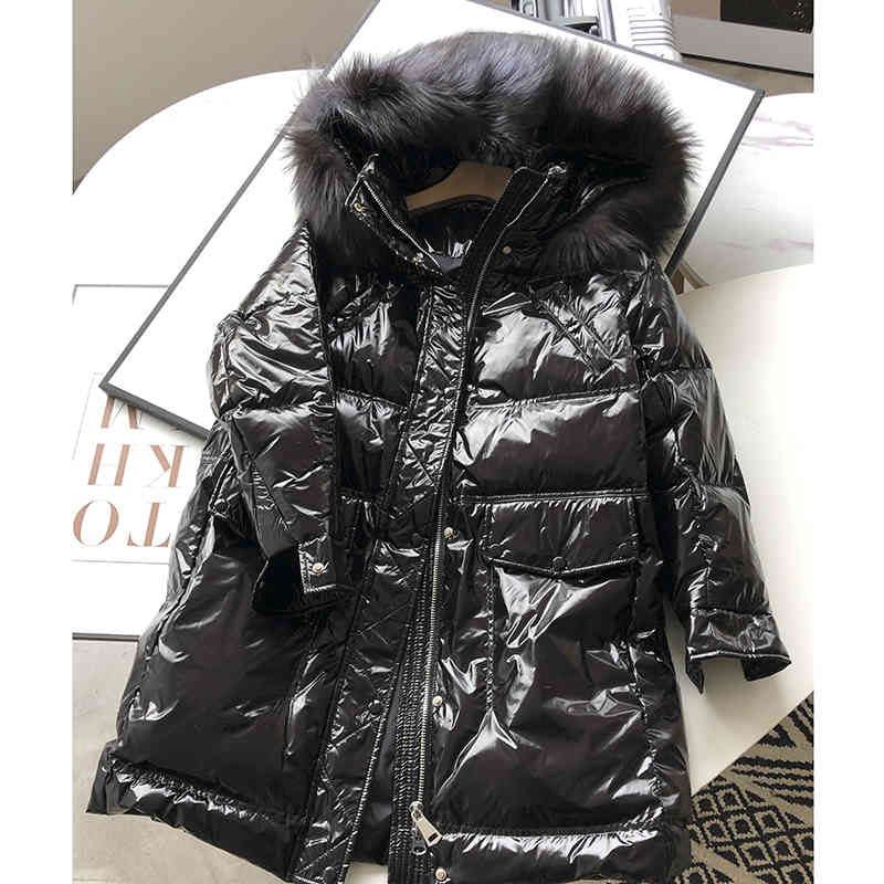 Winter Women 90% White Duck Down Jacket Detachable Large Real Fur Collar Overcoat Glossy Cool Loose Warm Thick Coat 210430