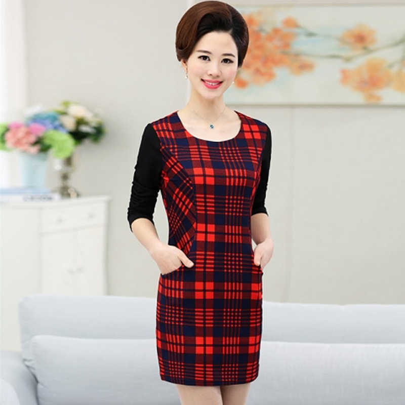 Autumn Spring Dres Vintage Plaided Printed Long Sleeve Slim Package Hip Sheath Black Plus Size XL-5XL 210609