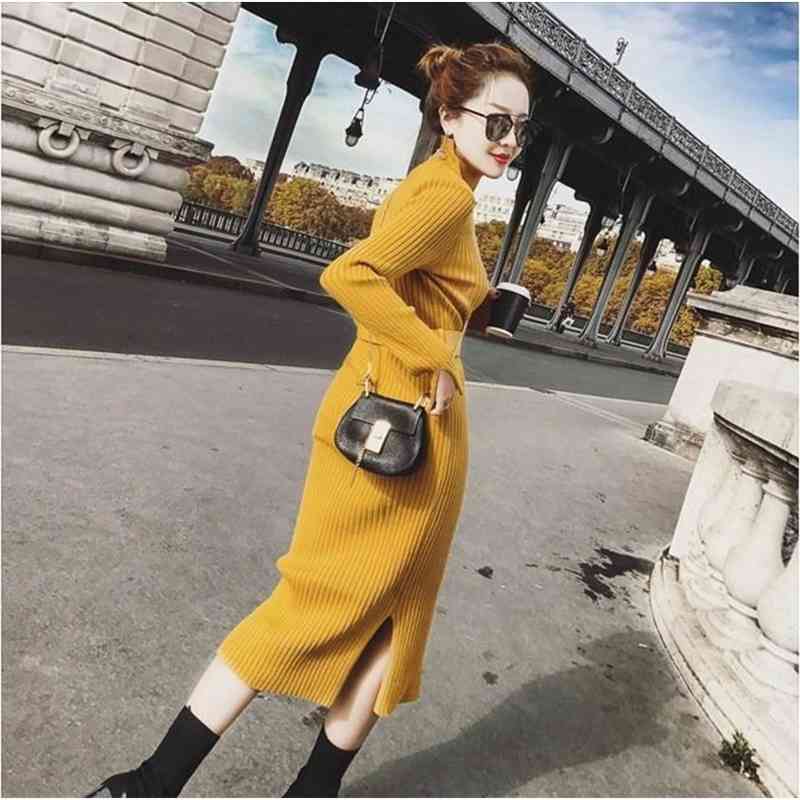 Fall Winter Sweater Dress Women Sexy Side Split Slim Midi Female Turtleneck Long Sleeve Belt Knitted es Vestidos 210526