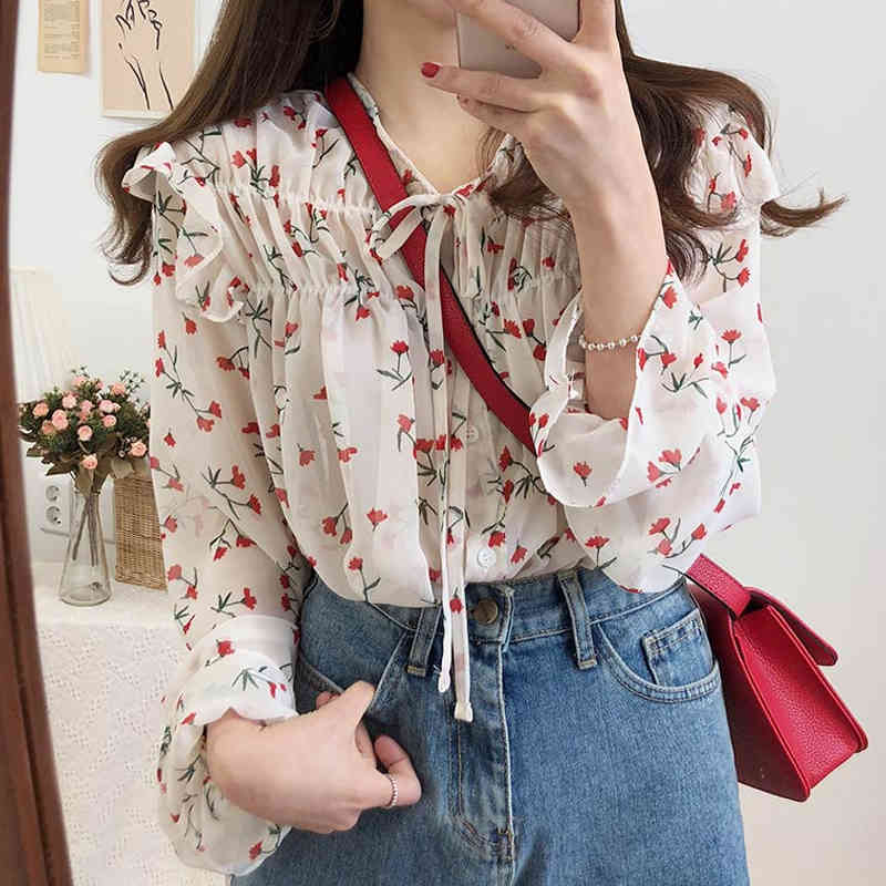 Women Floral Print Chiffon Shirts Casual Blouses Cardigan Ladies Tops Autumn Korean Puff Long Sleeve Blouse Bow Blusas10408 210506