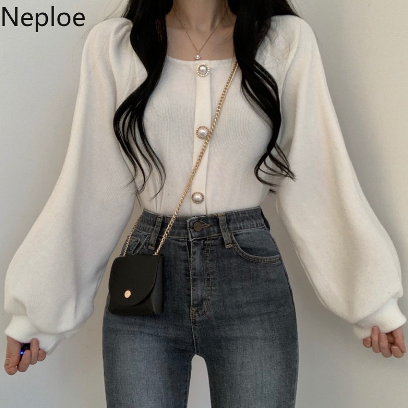 Neploe Square Collar Vintage Sweater Women Lantern Sleeve Pearl Button Knitted Pullovers Tops Korean Loose Fashion Pull Femme 210422