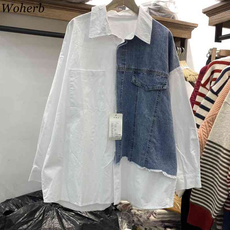 Color-blocked Denim Women Shirt Turn-down Collar Single-breasted All Match Tops Casual Fashion Asymmetrical Shirts 210519