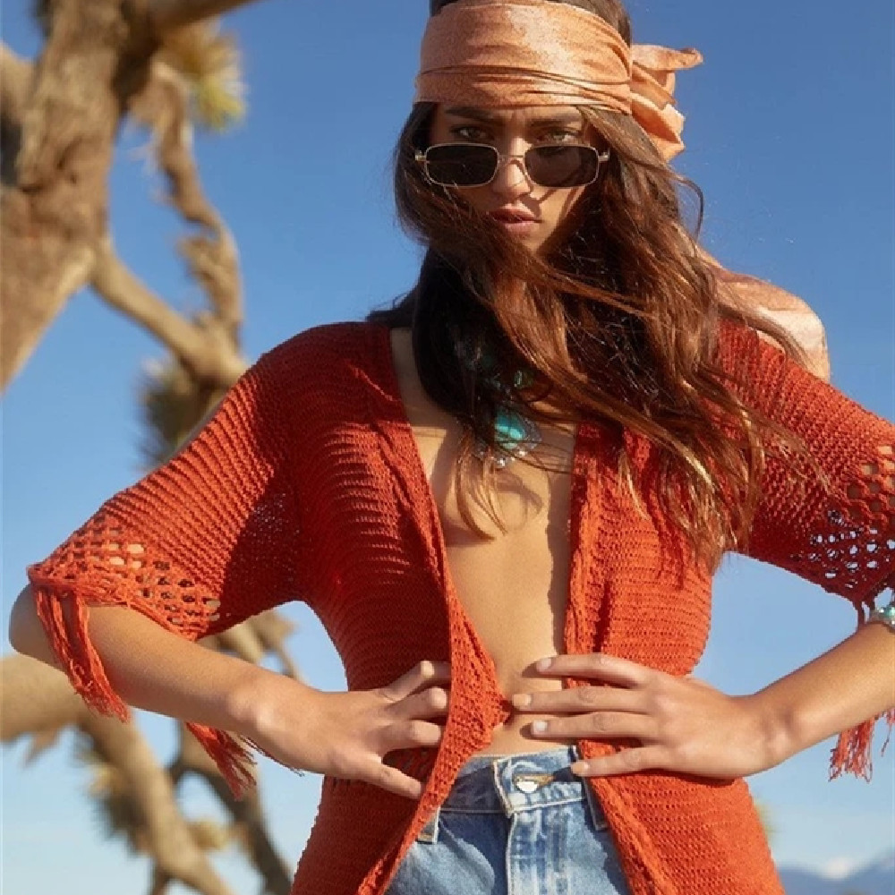 Women Crochet Beach Cover up Knit Long Kaftan Tunics for Swimsuit cover Robe Plage Tassel Bathing suit #Q451 210420