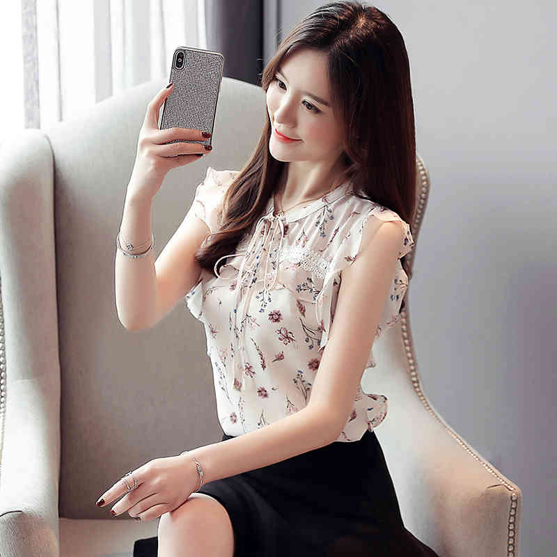 Summer New Women Tops and Blouses Casual Chiffon Floral Women Blouse Printing Bow Office Lady Shirt Camisas Mujer 8625 50 210417