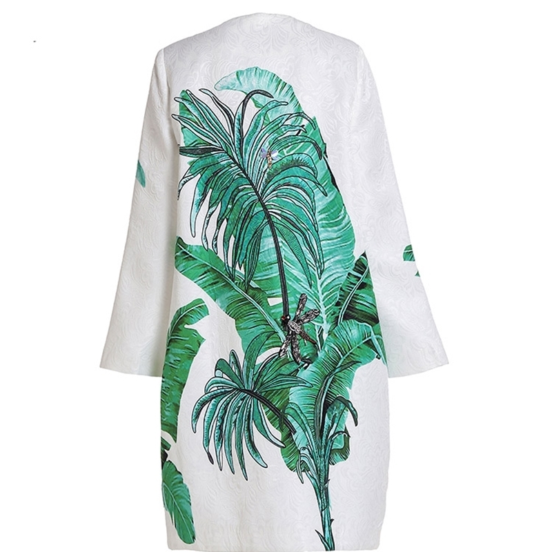 Fashion Runway Summer Coat Women's Long Sleeve Floral Print Crystal Beading Casual Outerwear Overcoat 210522