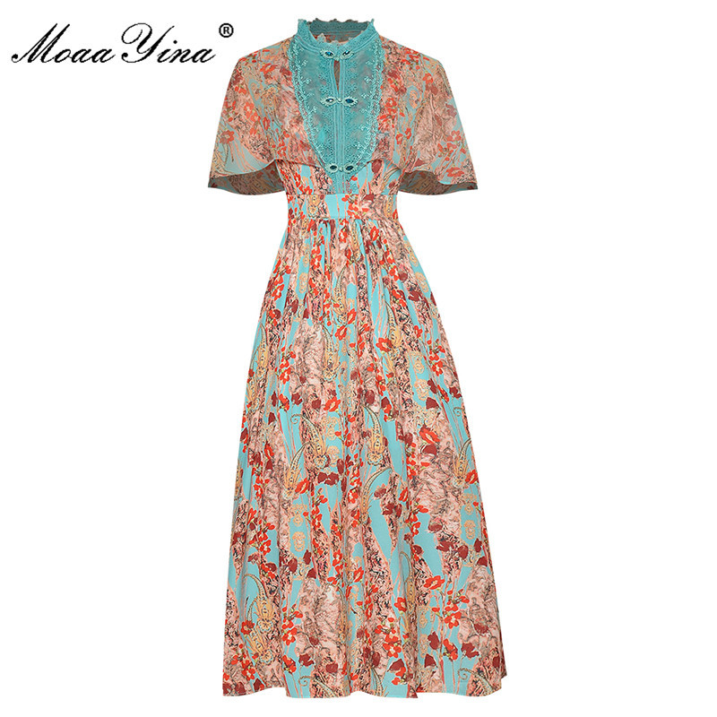 Fashion Runway Summer Vintage Dresses Women's Butterfly Sleeve Lace Patchwork Floral print Vacation Midi Dress 210524
