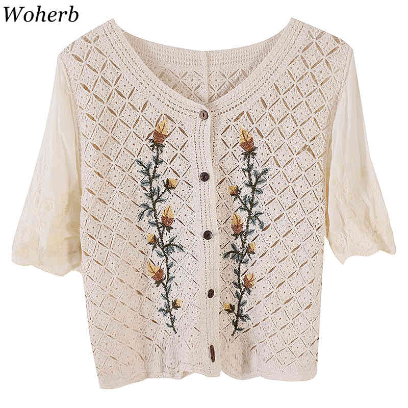 Sweet Flower Embroidery Cardigan Blouse Women Short Sleeve Single Breasted Ladies Hollow Out Vintage Coat Shirt 210519