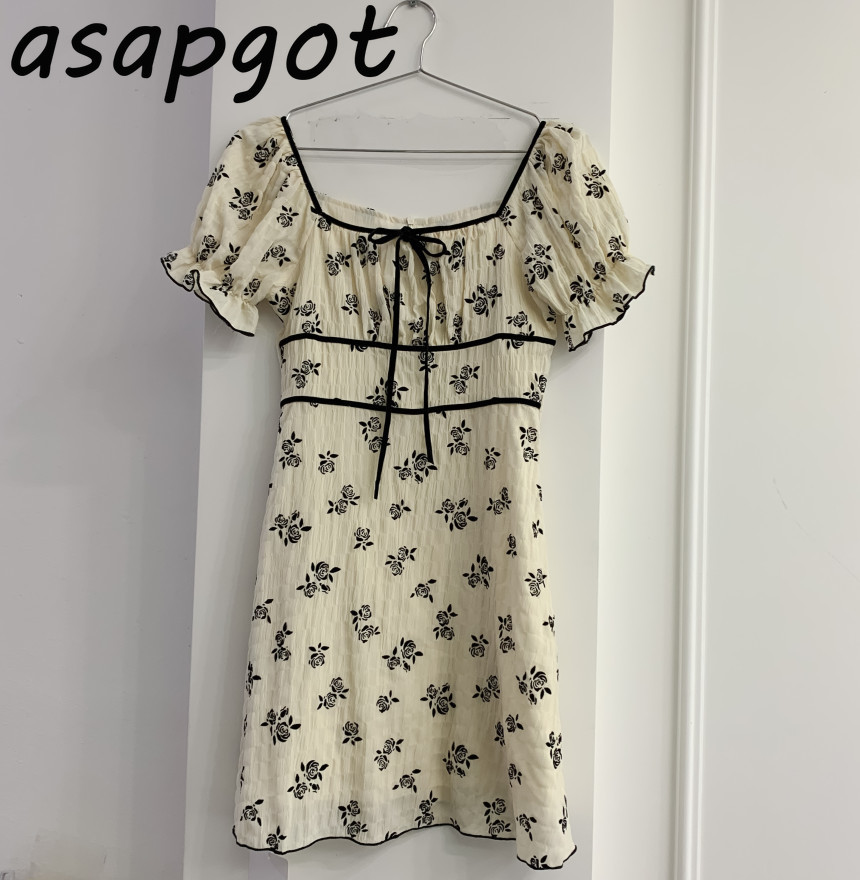 Korea Chic Elegant Retro Slim Square Neck Lace Up Flare Sleeve Floral Dress Women Mini Short Fairy Summer Fashion Vestido 210429