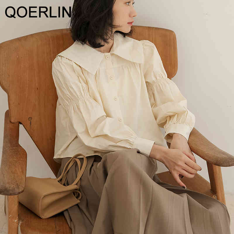 QOERLIN Square Collar Puff Sleeve Top Shirt Female Spring Long Sleeve Blouse Lantern Sleeve Solid Fashion SingleBreasted Tops 210412
