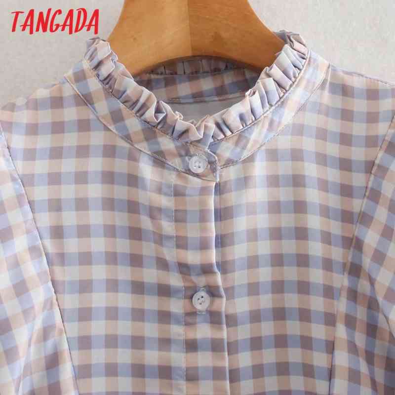 Women Retro Plaid Print Ruffles Crop Long Sleeve Chic Female Short Blouse Shirt Tops XN316 210416