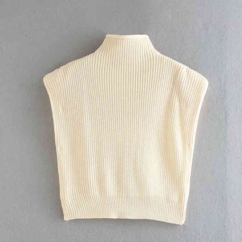 Casual Woman Shoulder Pad Knitted Vest Fashion Ladies Autumn Turtleneck Sleeveless Sweater Female Chic Solid color Top 210515
