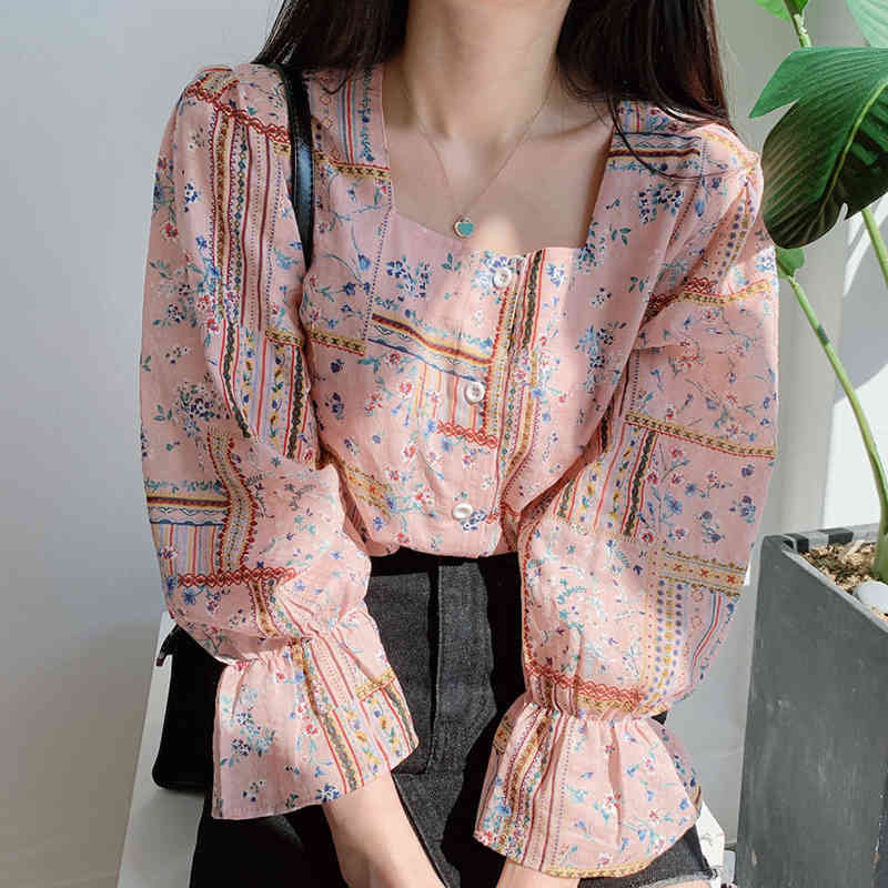 Elegant Square Collar Boho Blouse Women Korean Chic Floral Print Female Shirts Thin Beach Style Blusas Mujer Tops 210422