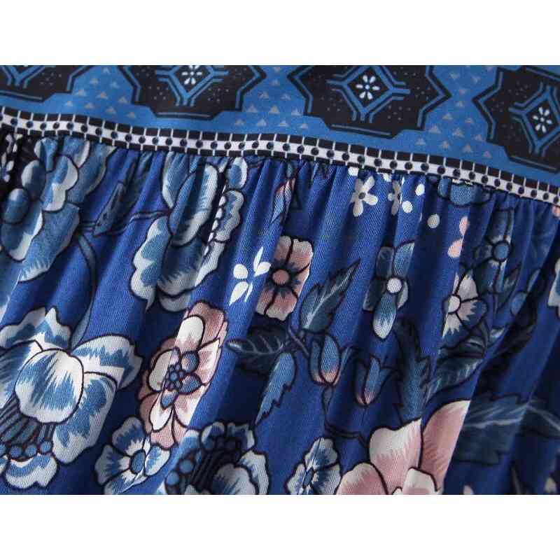 Bohemian Open Button Deep V neck Blue white Floral Print Dress Ethnic Woman Short Sleeve Maxi Long BOHO Dresses Beach Holiday 210429
