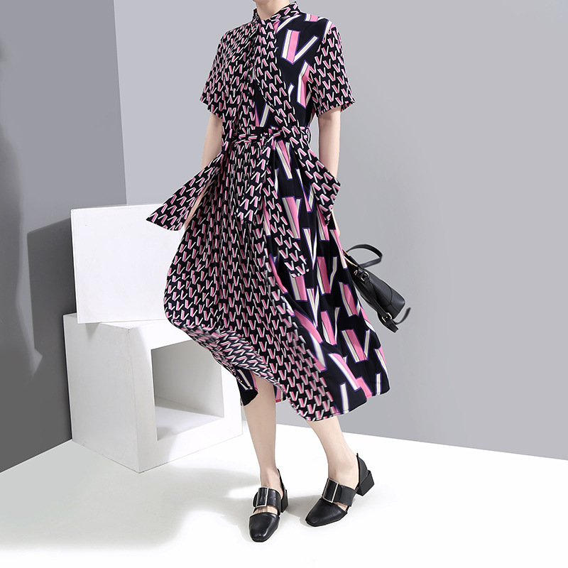 VKBN Spring and Summer Dress Women Office Lady Geometric Pattern Printing Turn-down Collar Dress Elegant 210507