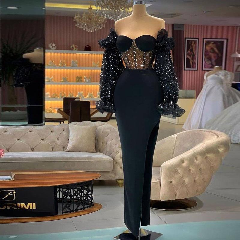 Black Split Mermaid Evening Dresses Sweetheart Long Sleeve Elegant Party Gown Star Sequine Ruched Satin Pageant Gowns Robe de mariée Custom Made