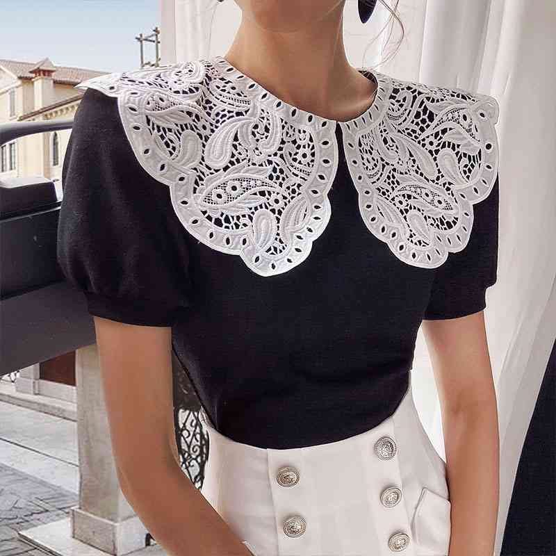 Dabuwawa Exclusive Vintage Women Blouse Shirt Short Sleeve Lace Top Elegant Work Wear Casual Cute Lady Tops DO1BTS004 210520