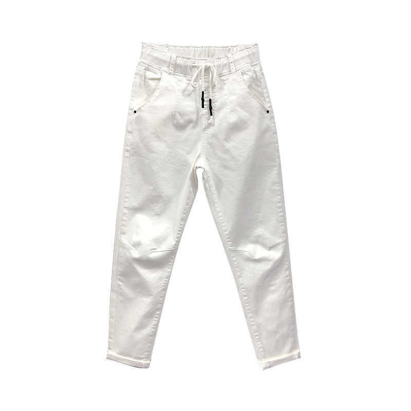Spring Summer Women Cotton Denim Pants Plus Size Elastic Waist Loose Harem Female Casual Anklelength White Jeans D317 210922