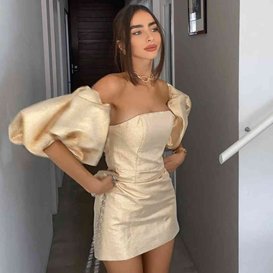 Arrival Women Gold Off Shoulder Club Mini Dress Sexy Short Lantern Sleeve Celebrity Evening Runway Party Dresses 210423