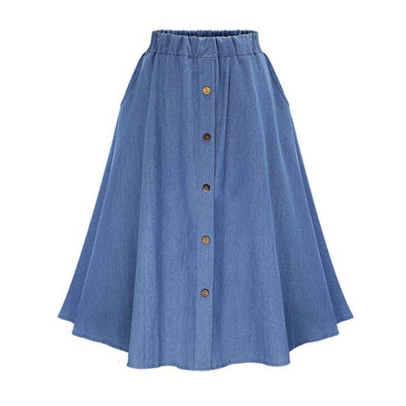 Fashion Korean Preppy Style Denim Skirt Solid Color Long Nature Waist Female Big Hem Casual Button Jean 210621
