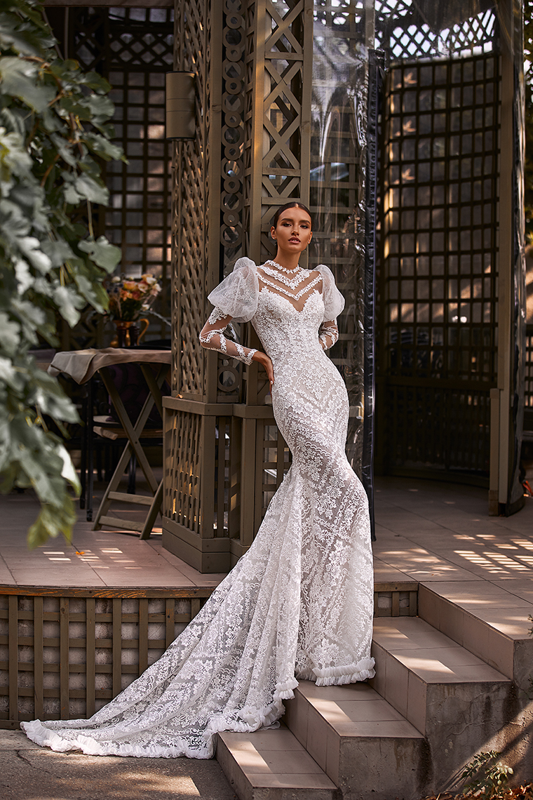 Vintage White Mermiad Wedding Dresses Lace Appliques Bridal Gown Custom Made Embroidery Sheer Neck Puffy Long Sleeves Robes De Mariée