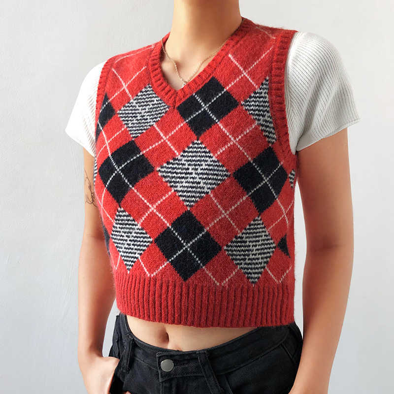 HEYounGIRL V Neck Vintage Argyle Sweater Vest Women Y2K Black Sleeveless Plaid Knitted Crop Sweaters Casual Autumn Preppy Style 210819