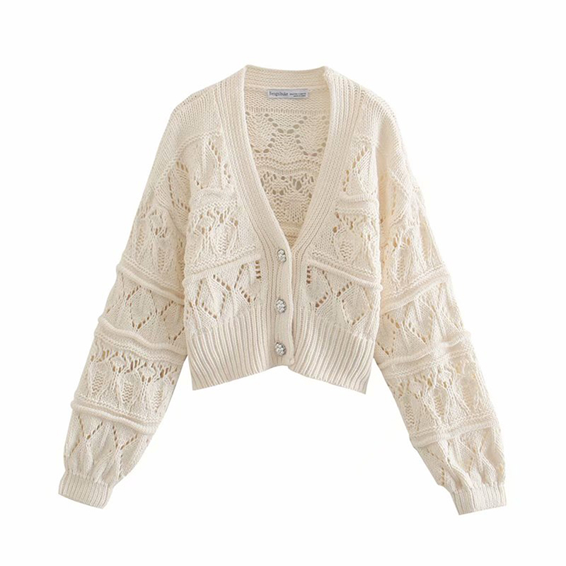 Knitted Cardigan Women Vintage Sweater Cute Cropped V Neck Pearl Buttons Long Sleeve Hollow Out Truien Strickjacke Damen Knit 210521