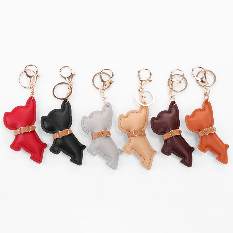 French Dog Car Key Chains Buckle Puppy Bulldog Pendant Keychains Rings Holder PU Leather Animal Charms Cartoon Mens Jewelry Accessories Fashion Women 