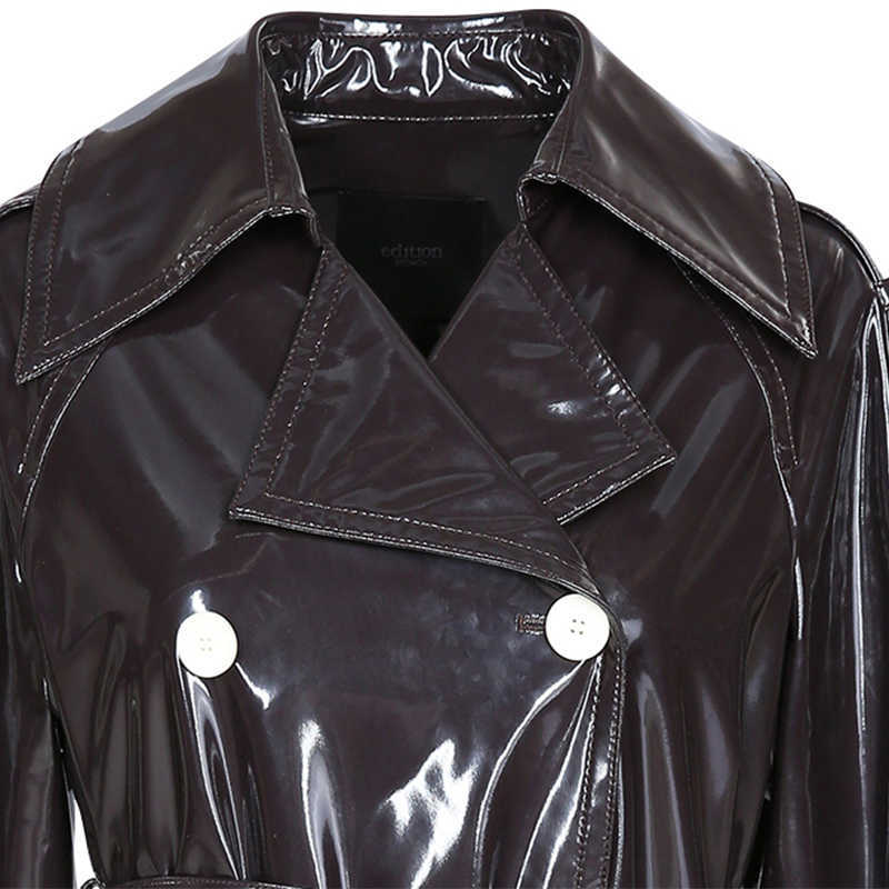 Nerazzurri Long waterproof black patent leather trench coat for women double breasted iridescent oversized leather coat 7xl 210908